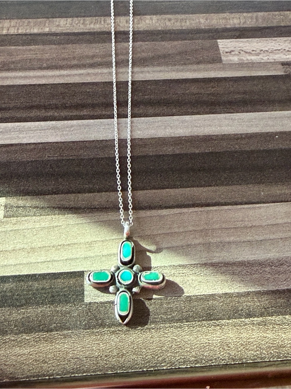 Vintage Native American Sterling Bezel Set Turquoise Cross Necklace 18” #398